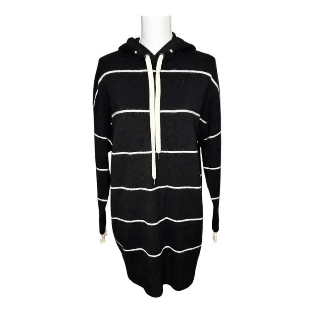Alice + Olivia Riva Hooded Tunic Sweater Womens Black White Striped Small